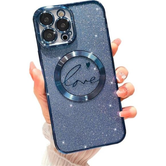 iPhone 15 Pro Max Magnetic Glitter Case Love Heart Blue Iphone Case - Picture 1 of 6